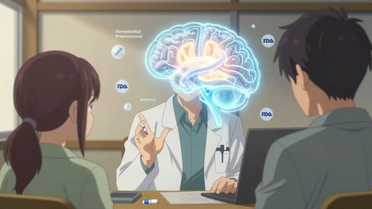 A doctor and patient in a clinic with glowing neural pathways showing brain activity during a conversation about generics.