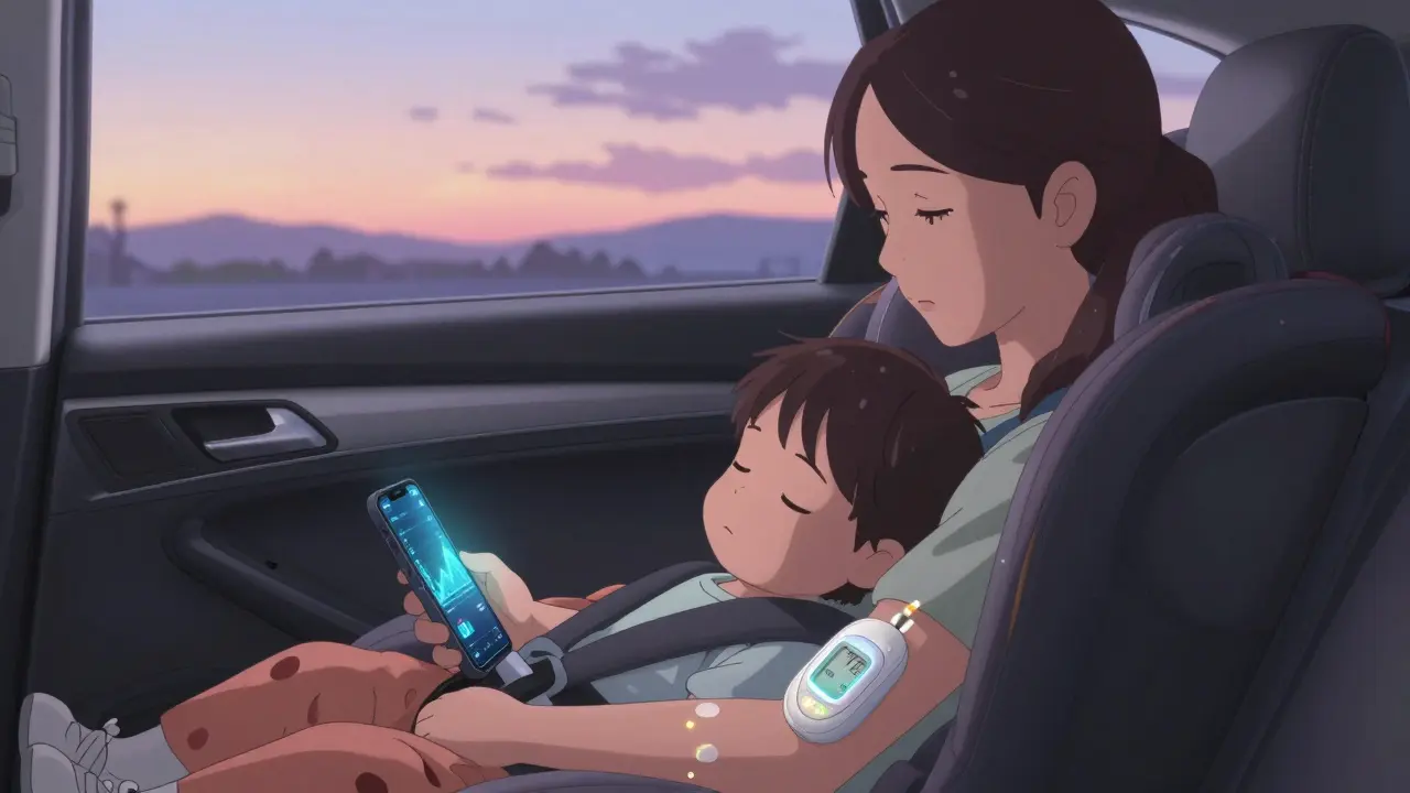 A mother watches her child sleep in a car, a small insulin pod visible on the arm, a stable glucose graph glowing on her phone.