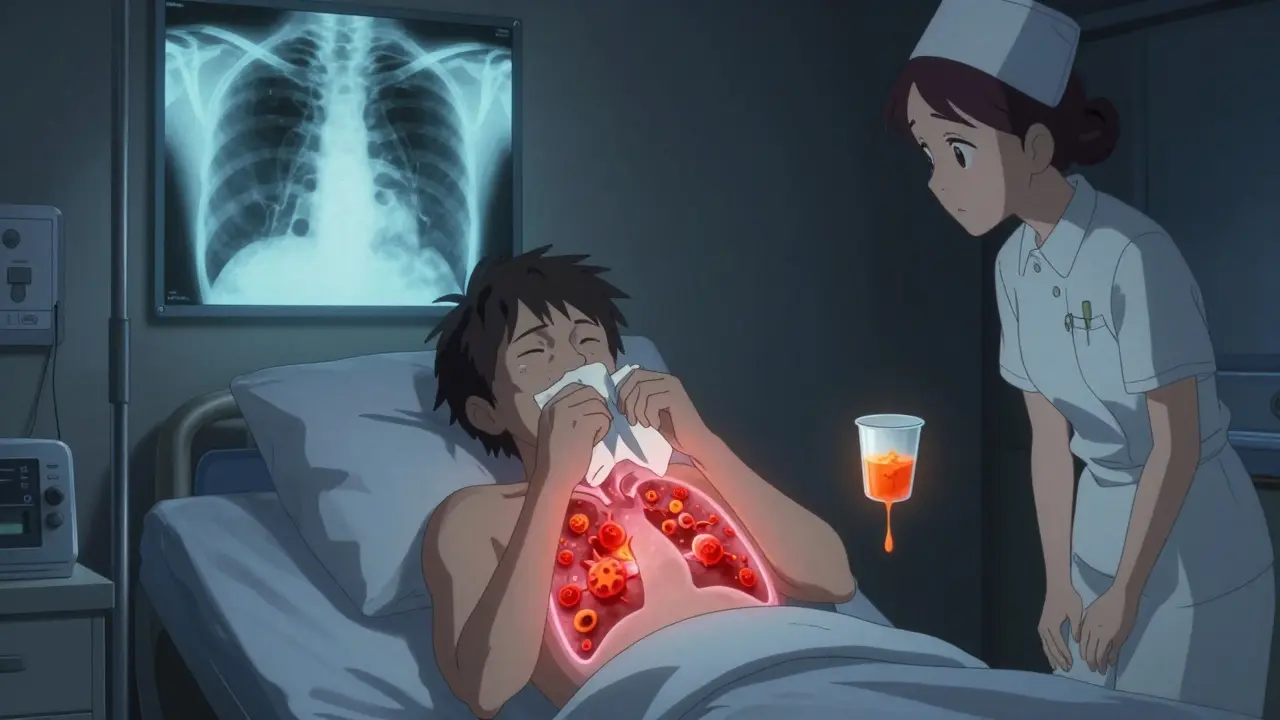 A patient coughing in a hospital room, with visible bacteria bursting from lungs and orange urine nearby.