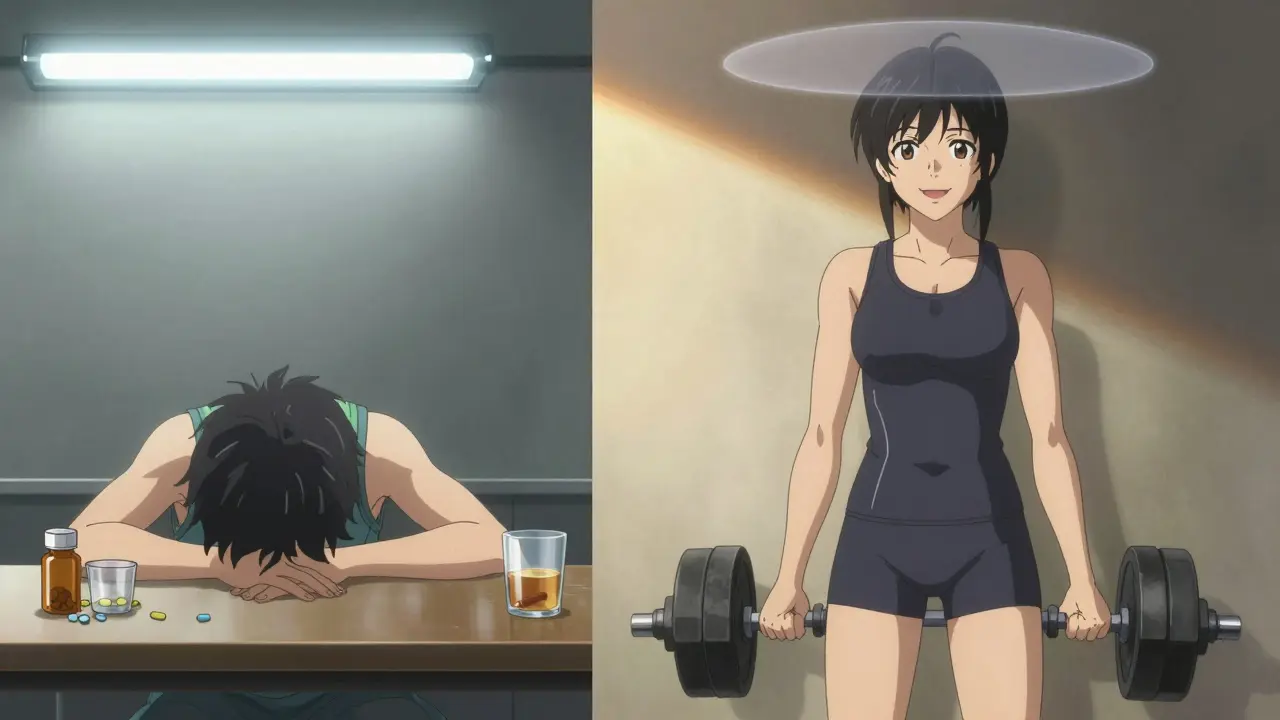 A person contrasting past struggles with alcohol against current strength and wellness at the gym.