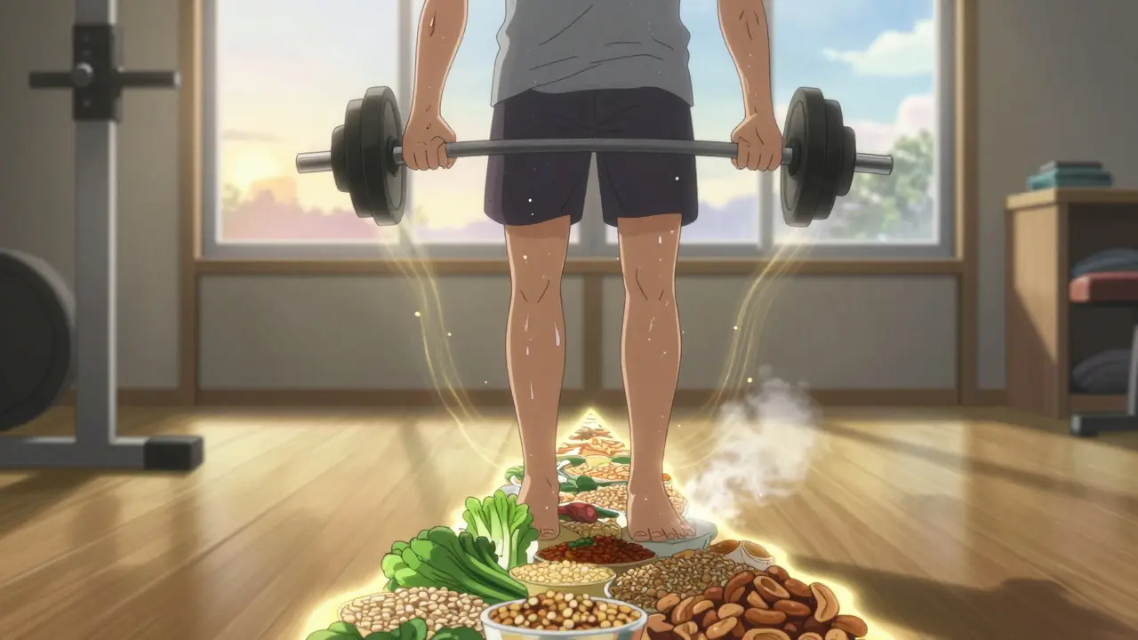 A person exercising in a sunlit gym, healthy foods glowing beneath their feet as processed snacks turn to ash behind them.