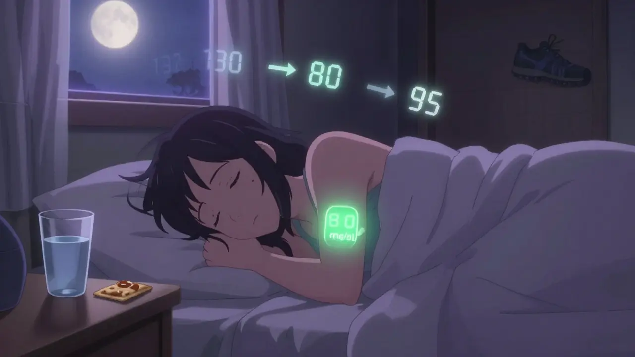 A person sleeps peacefully with a glowing CGM alert and a bedtime snack on the nightstand.