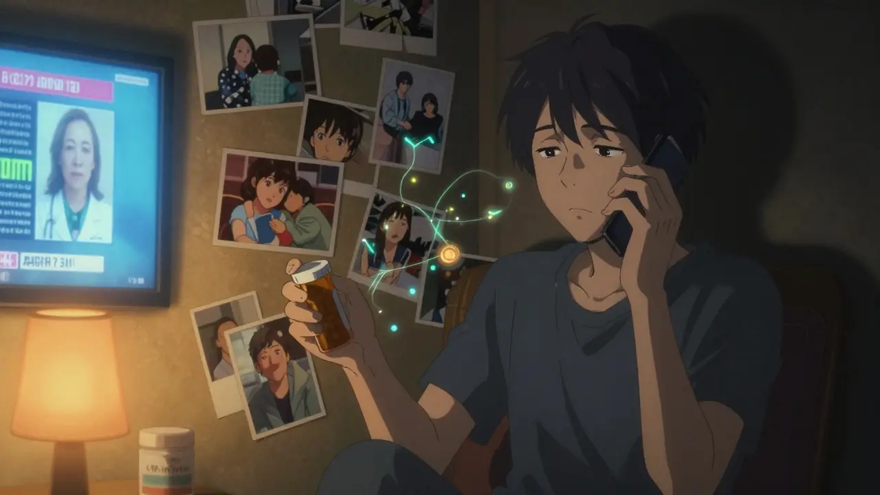 A person struggling with opioid use disorder surrounded by lost memories, reaching for help amid emotional turmoil.