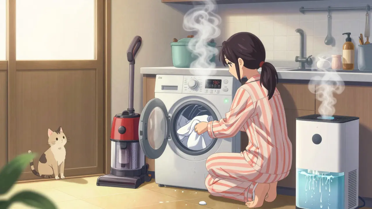A person washing bedding in hot water, with a HEPA vacuum and dehumidifier nearby in a cozy kitchen setting.