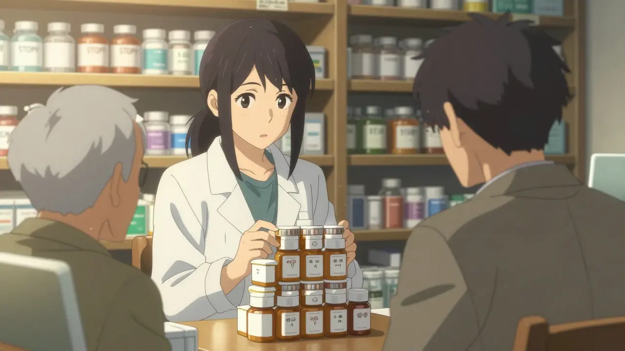 A pharmacist and senior reviewing medication bottles together in a warm, sunlit pharmacy.