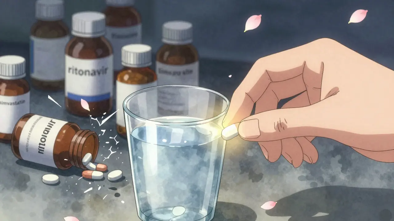 A single safe HIV pill beside water, while dangerous medications disintegrate into dust in the background.