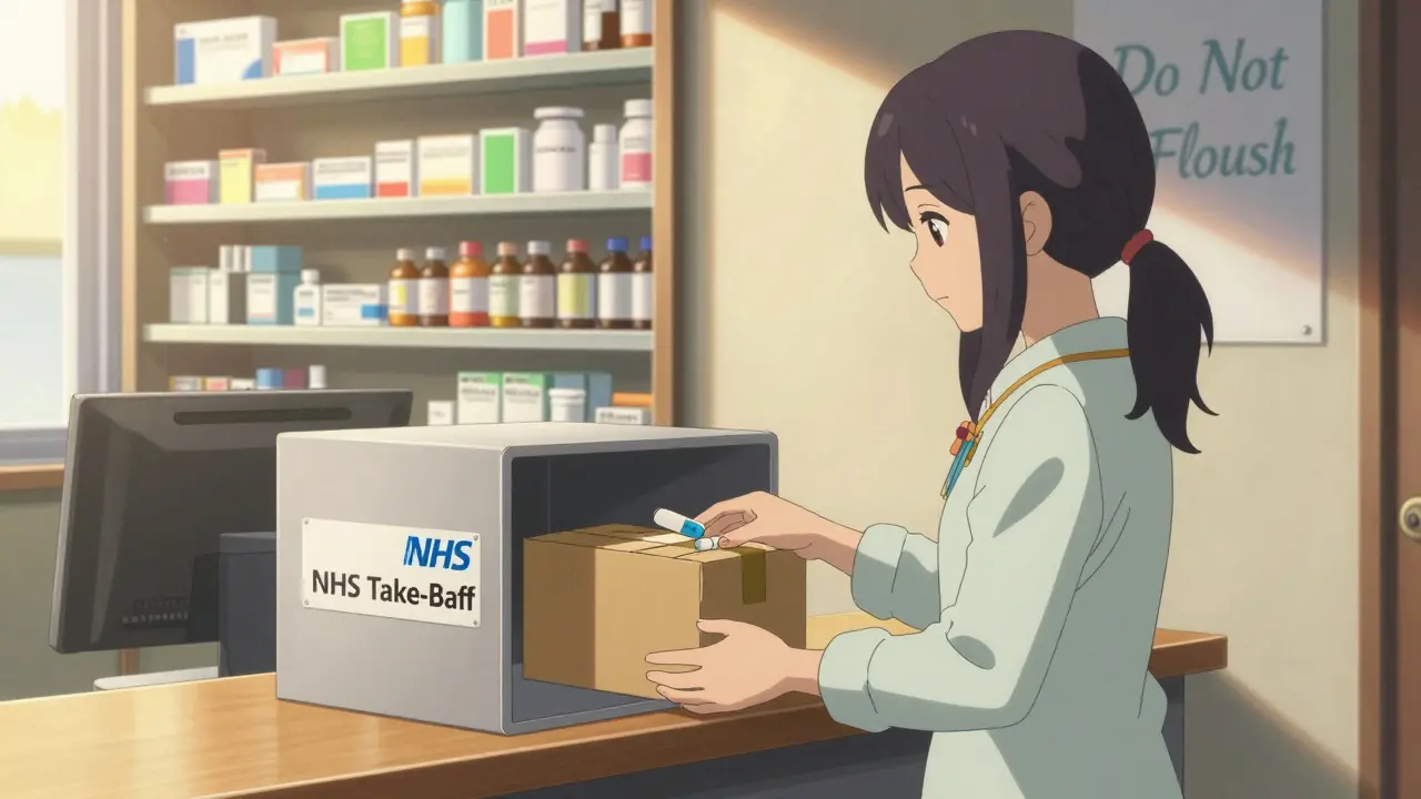 A woman drops expired medications into a pharmacy take-back bin in a peaceful UK town setting.