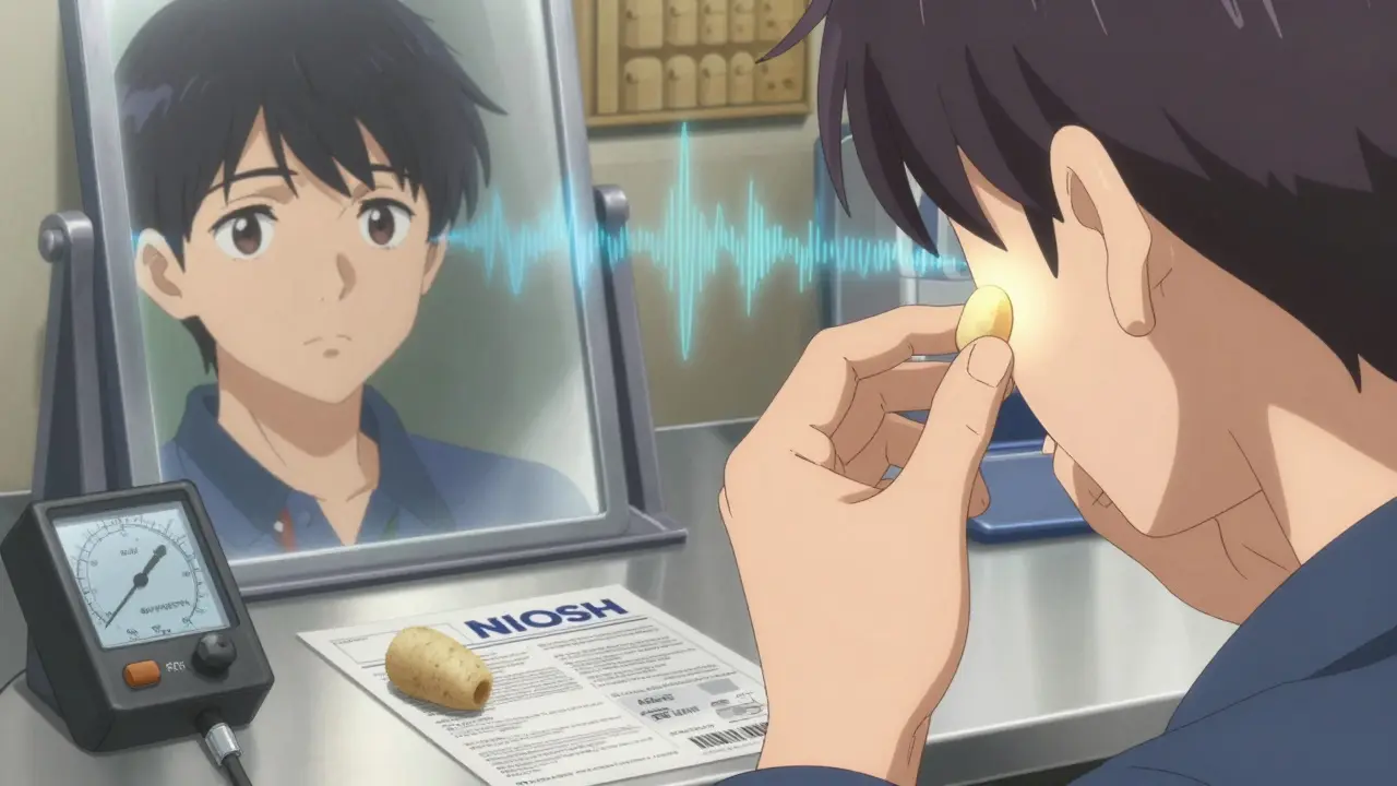 A worker carefully inserts custom earplugs, with foam plugs and safety tools beside them under soft light.