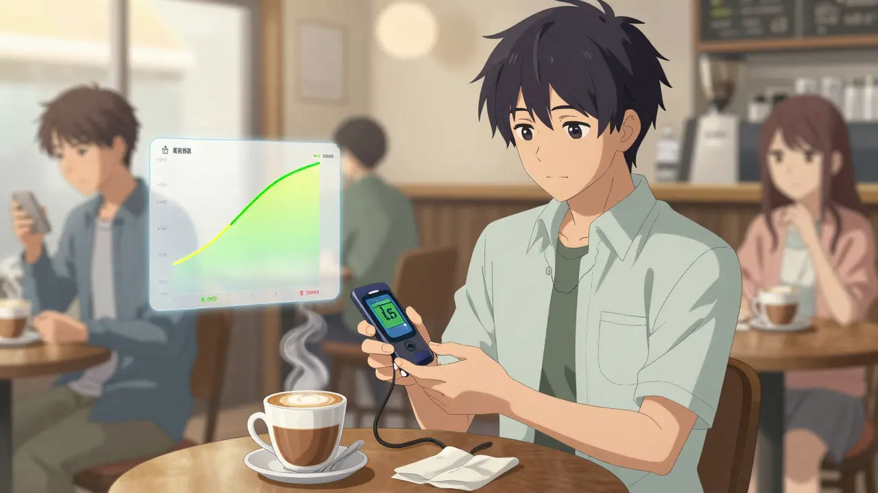 A young man in a coffee shop approves a meal bolus as a translucent glucose trend hovers beside him, calm and confident.