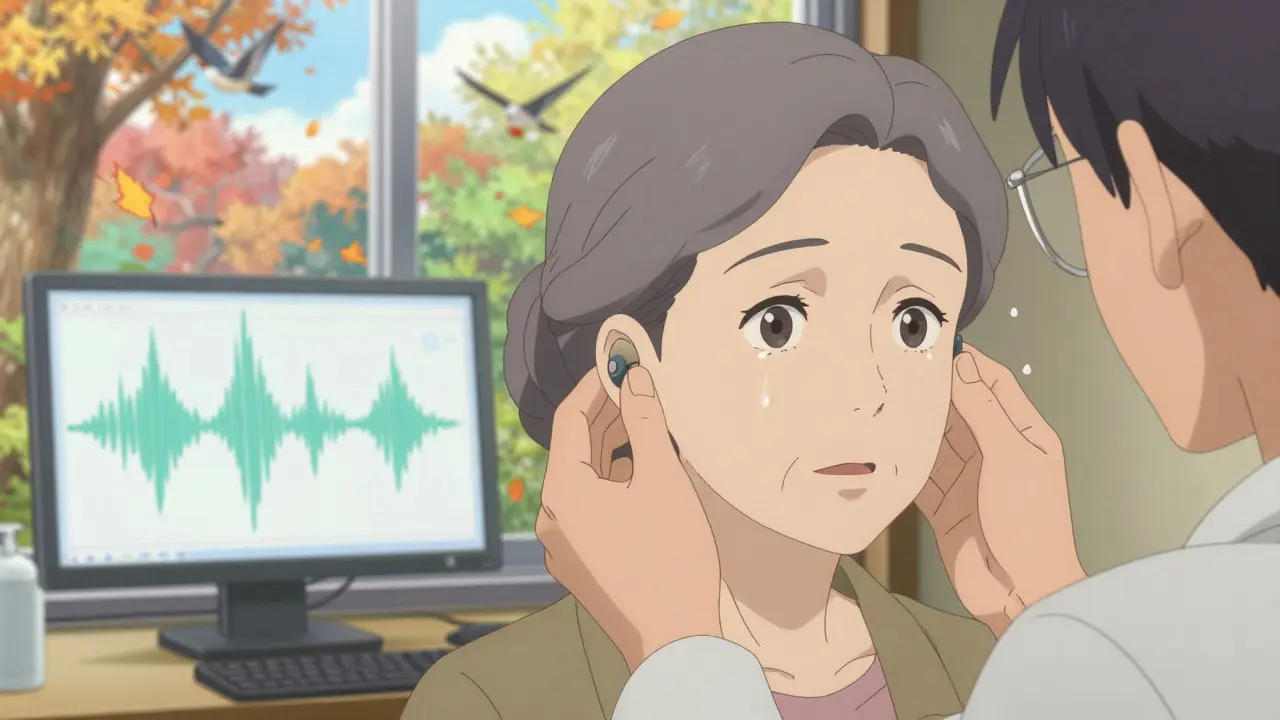 An audiologist fitting hearing aids for an older woman, with sound wave visuals on a screen and autumn leaves outside the window.
