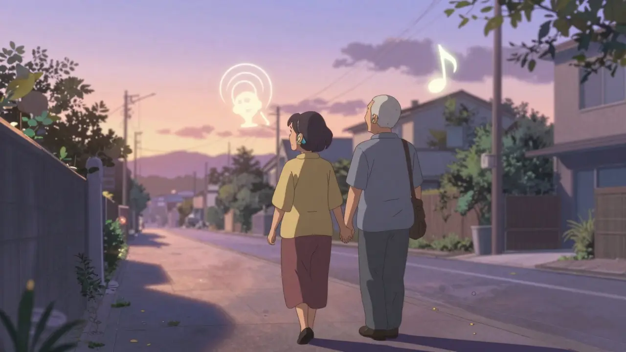 An elderly couple walking at dawn, surrounded by floating sound glyphs representing restored clarity of birdsong and laughter.
