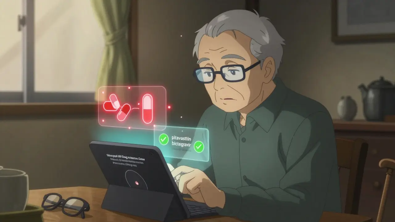 An elderly man checking drug interactions on a tablet, with floating warning and safety icons around him.