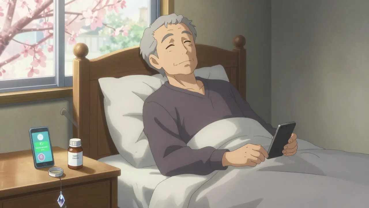 An elderly man smiling in bed after successful BPPV treatment, sunlight and vitamin D bottle nearby.