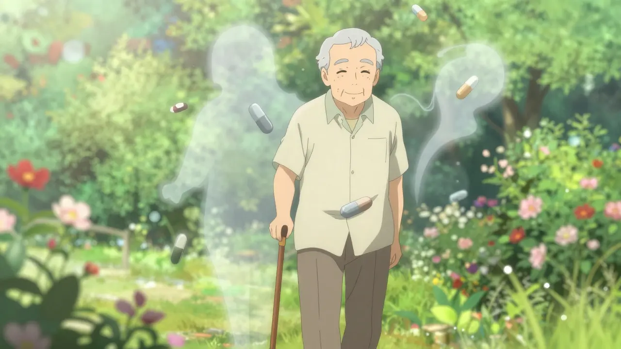 An older adult walking peacefully in a garden as shadowy pills fade away behind them.