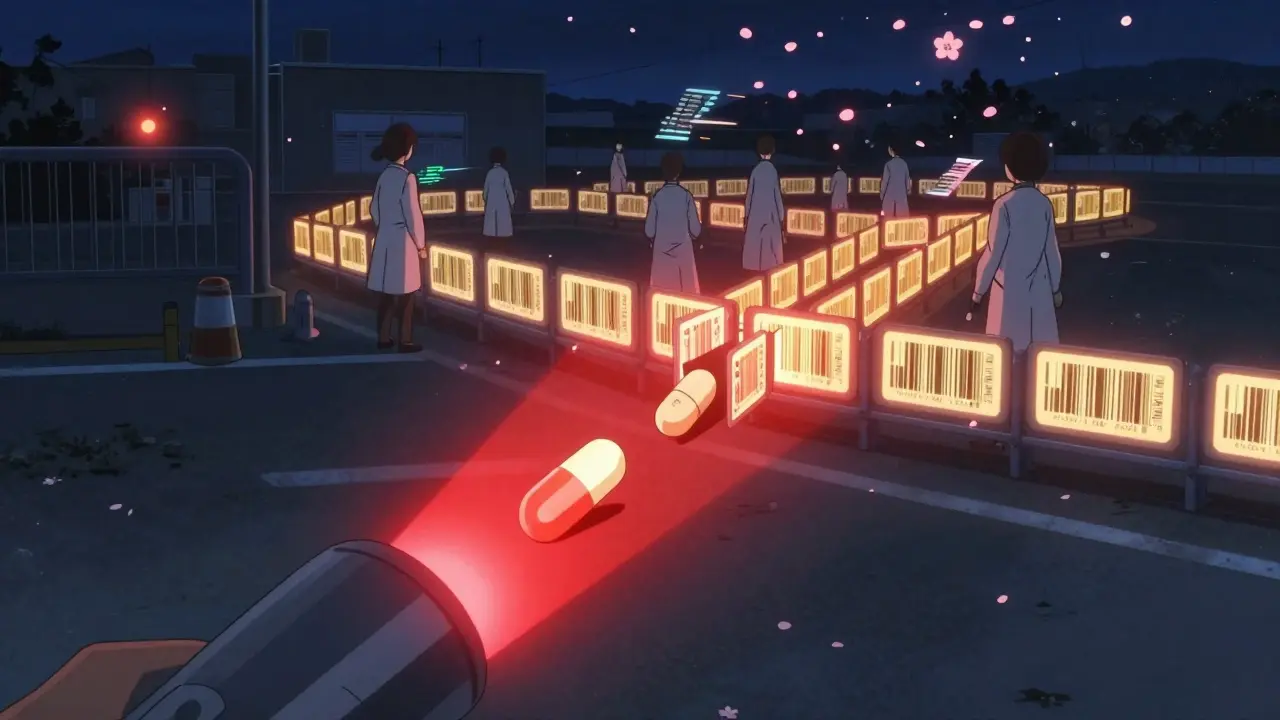 Counterfeit pill falling through red alert light as legitimate pills glow in a protective chain.