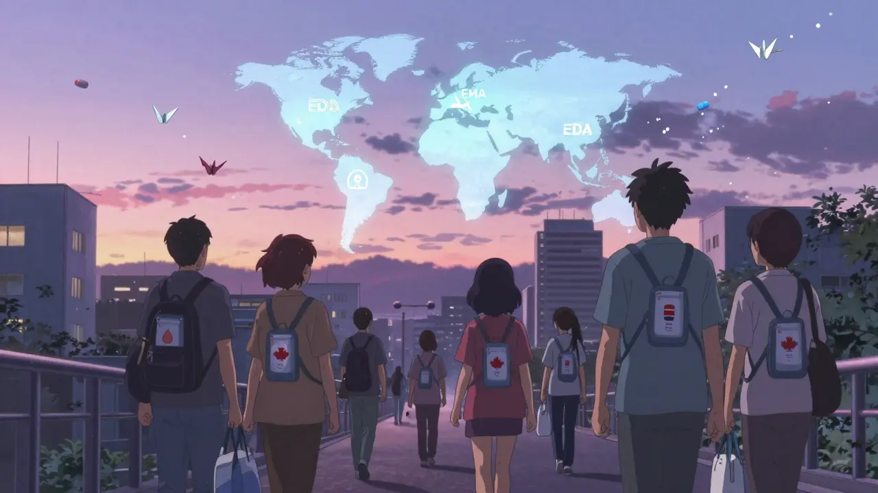 Diverse patients walking home as global regulatory symbols align in the twilight sky.