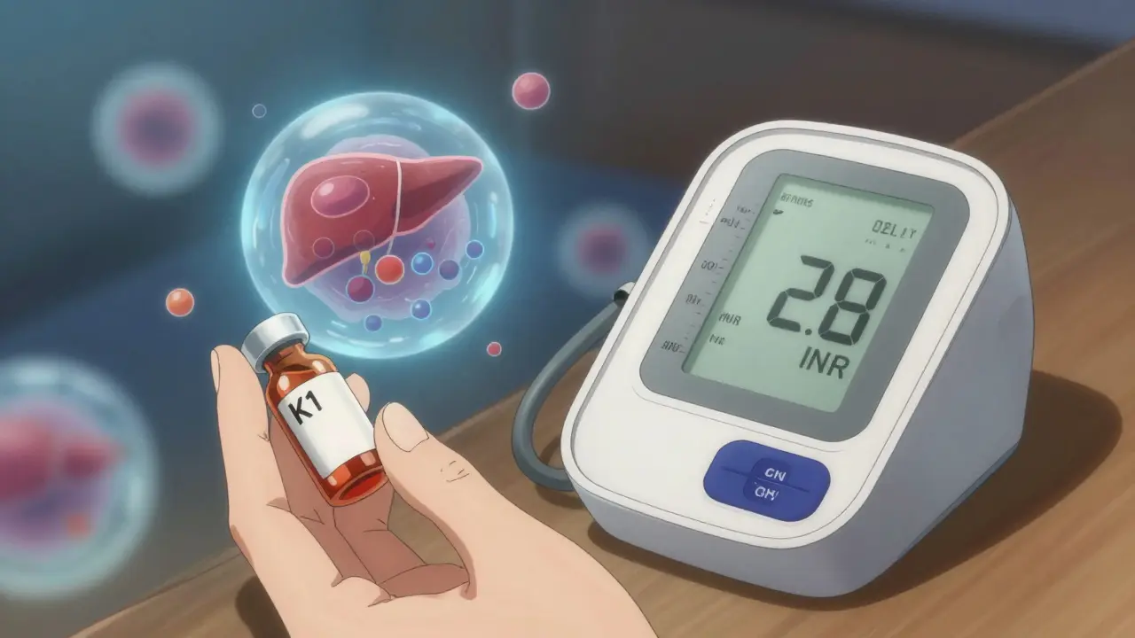 Hand holding vitamin K pill beside INR monitor, liver cell and warfarin molecules glowing softly.