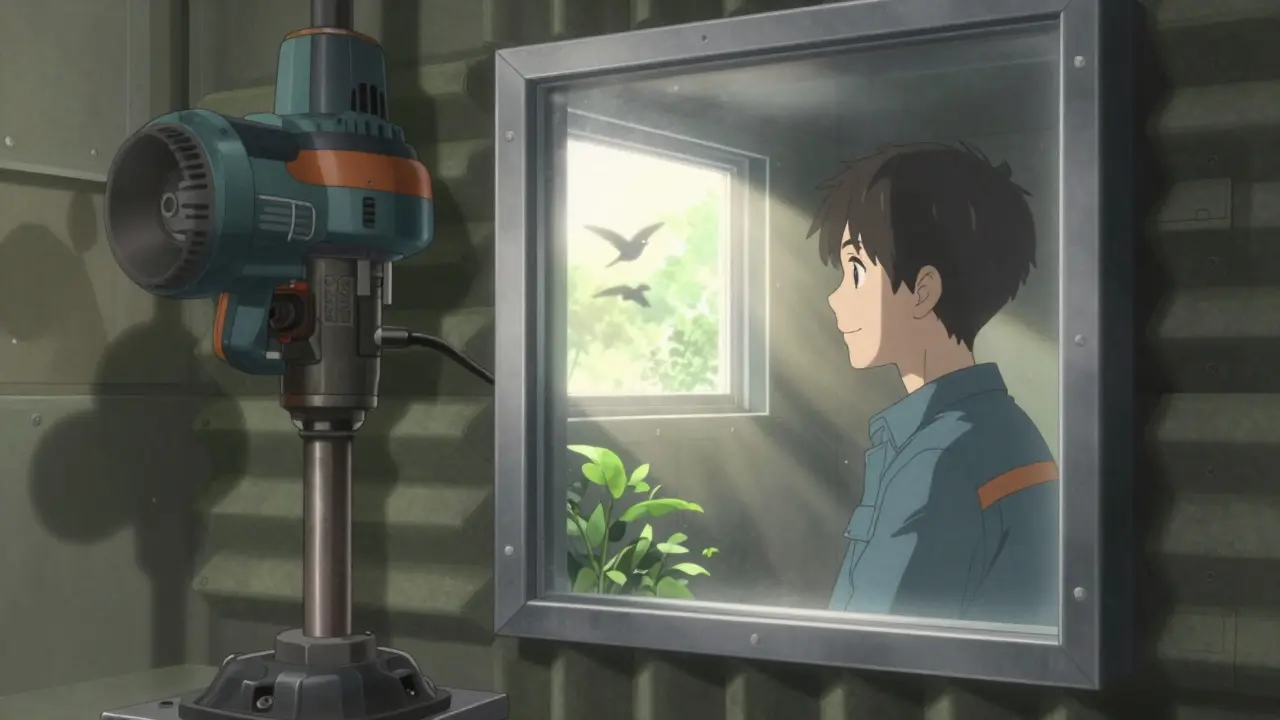 Inside a soundproof enclosure, a worker hears clearly as outside machinery fades into blurred silence.