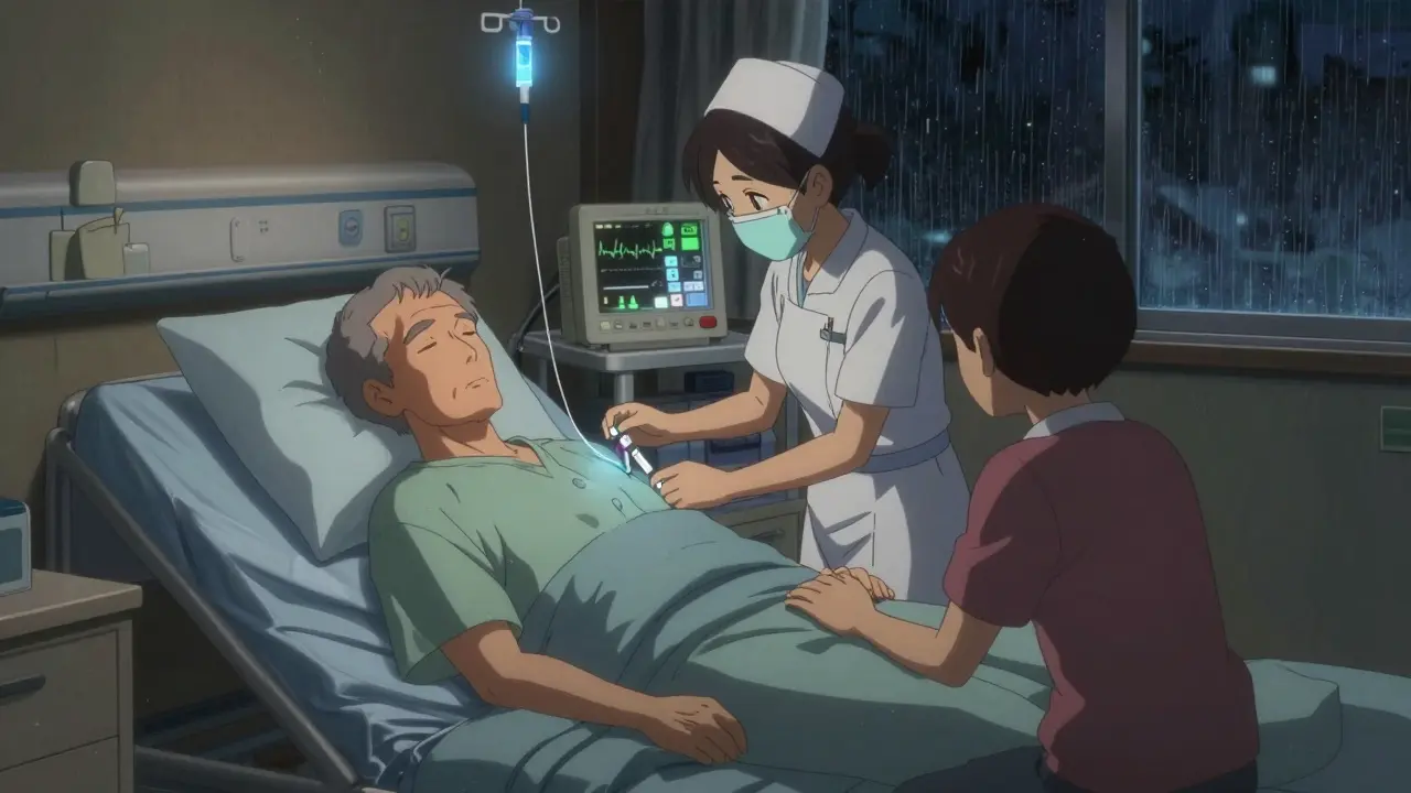 Nurse administering a reversal agent to an elderly patient at night, family member holding their hand.