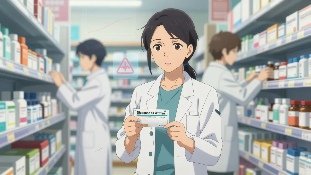 Patient confidently holding prescription marked 'Dispense as Written' in a pharmacy aisle.