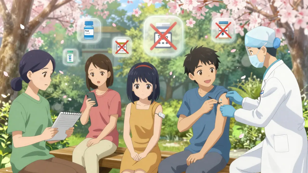 Patients in a garden receiving vaccines, with icons of safe vaccines floating around them and live vaccines crossed out.