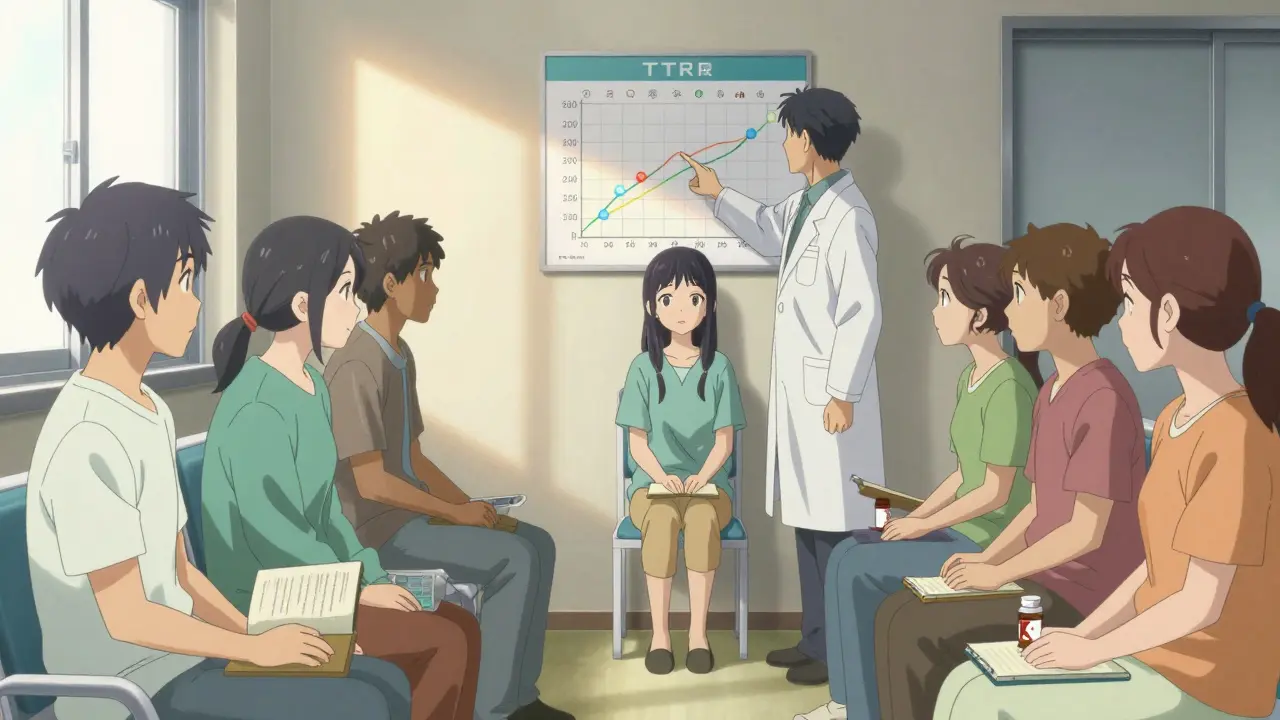 Patients in clinic with vitamin K bottles, doctor pointing to TTR improvement chart.