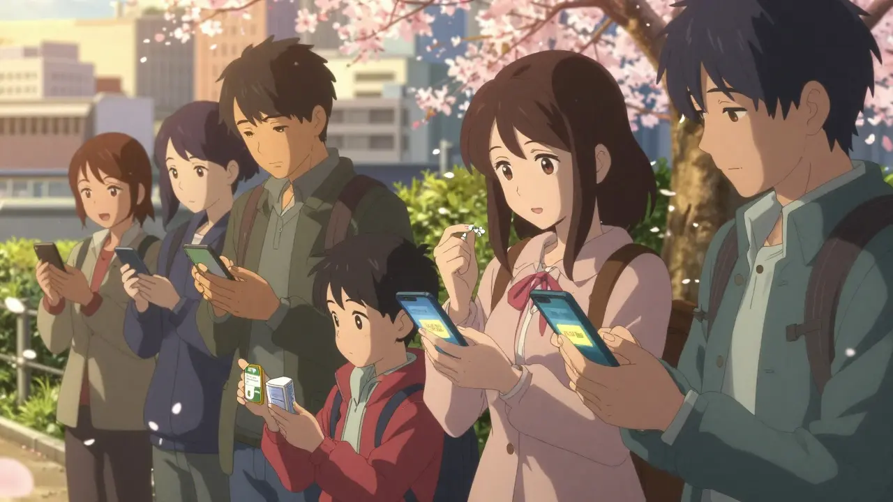 People in a park scanning medicine packages with their phones, one holding a crumbling pill.