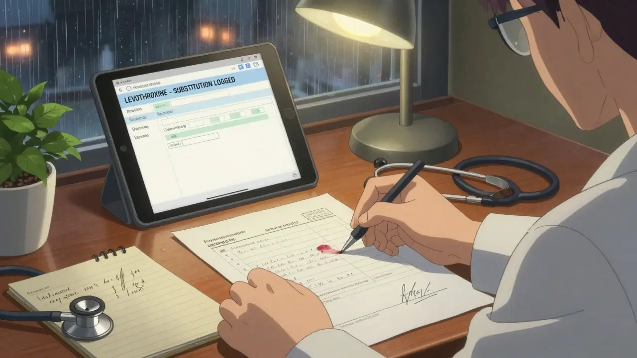 Pharmacist’s hands completing a consent form for levothyroxine substitution under a warm lamp, rain outside the window.