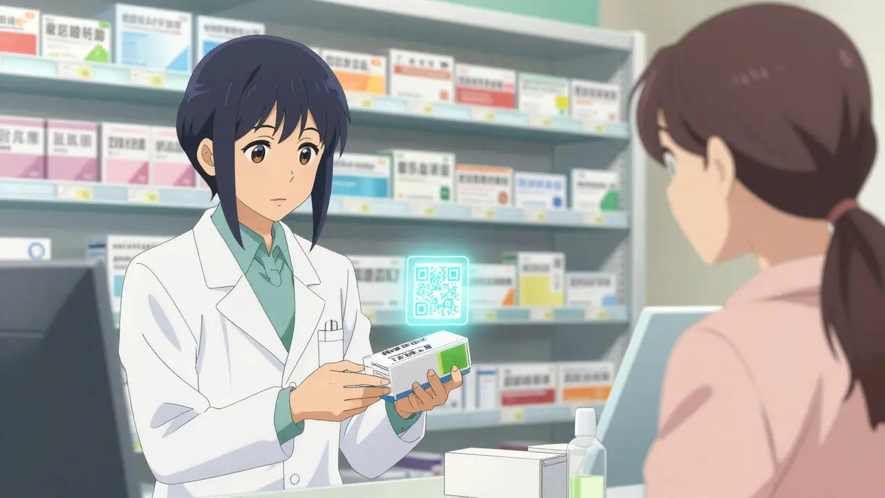 Pharmacist scanning a medicine box with a patient watching closely in a bright pharmacy.