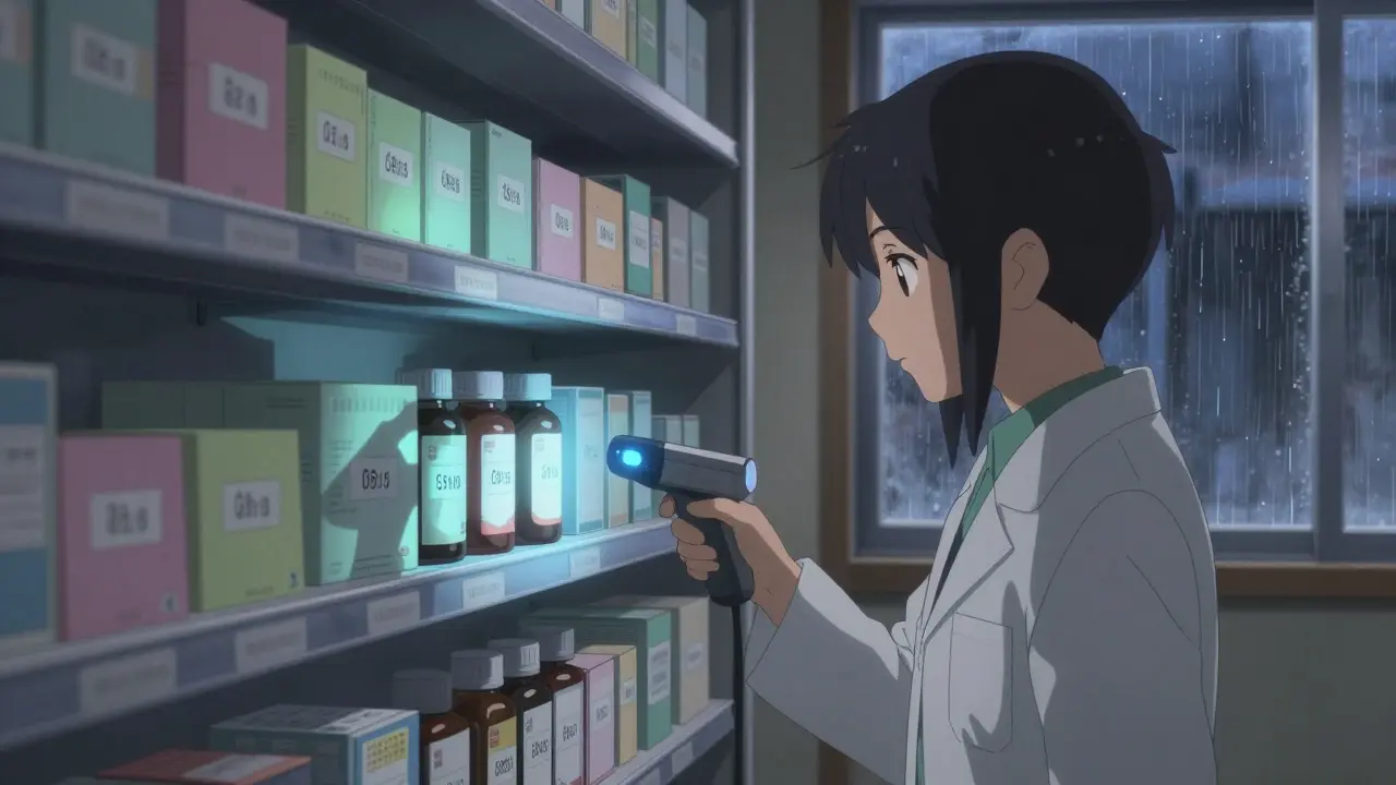 Pharmacy shelf at dusk with glowing serial codes, one bottle with a smudged label.
