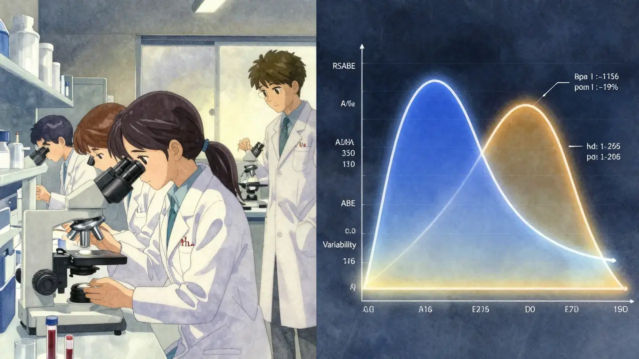 Scientists in a lab studying blood samples with a glowing graph showing FDA bioequivalence tests.