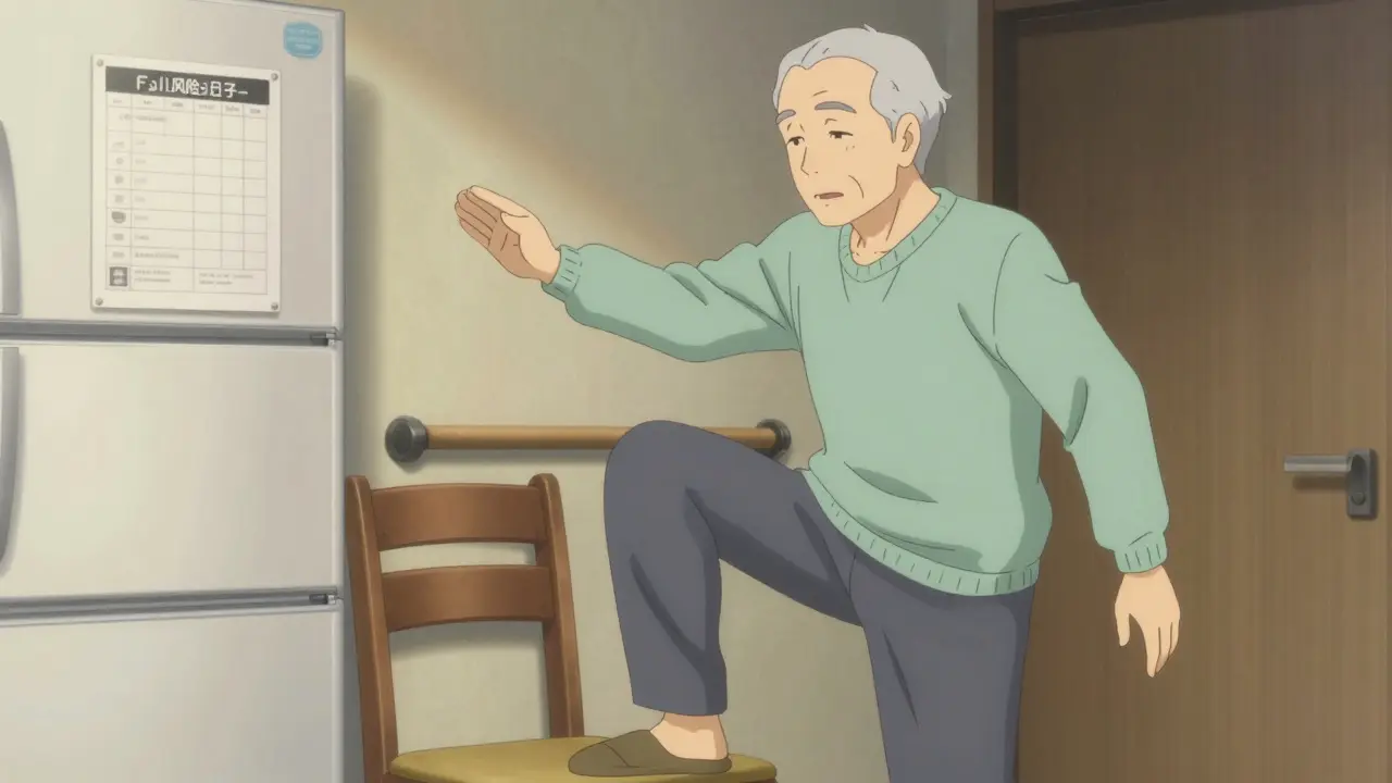 Senior man doing balance exercises at home with grab bars and a fall risk checklist visible.