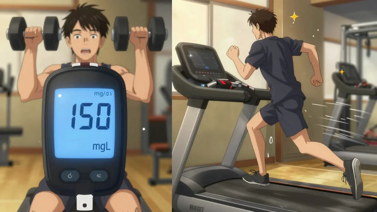 Someone lifts weights then sprints, with a CGM alert showing glucose levels during exercise.