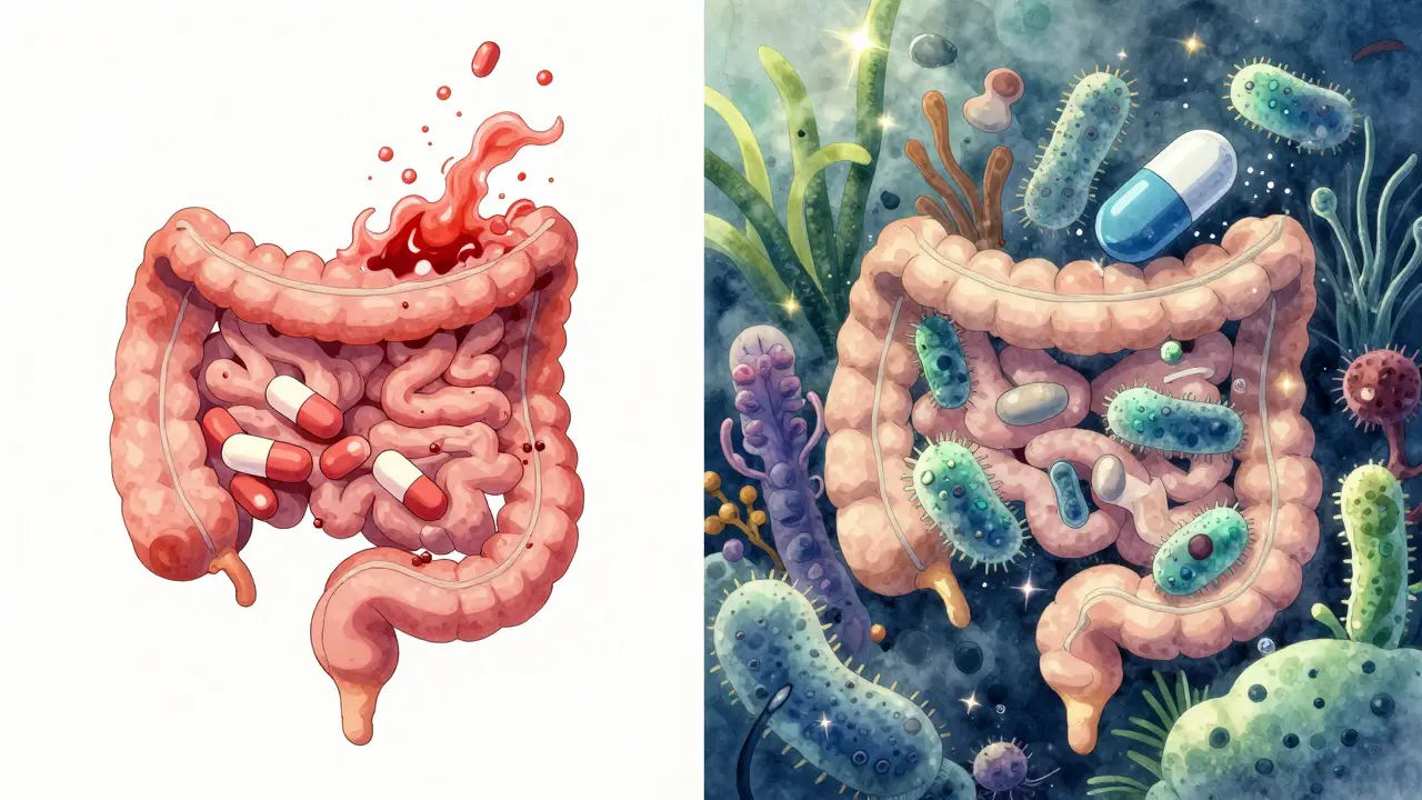 Split scene: antibiotics destroy gut bacteria vs. probiotics safely colonize after two-hour delay.