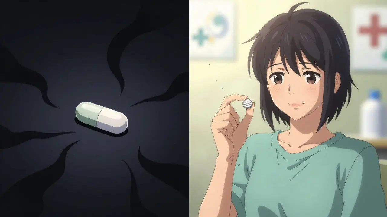 Split scene: one side dark with negative emotions around a generic pill, the other bright with trust and clarity.