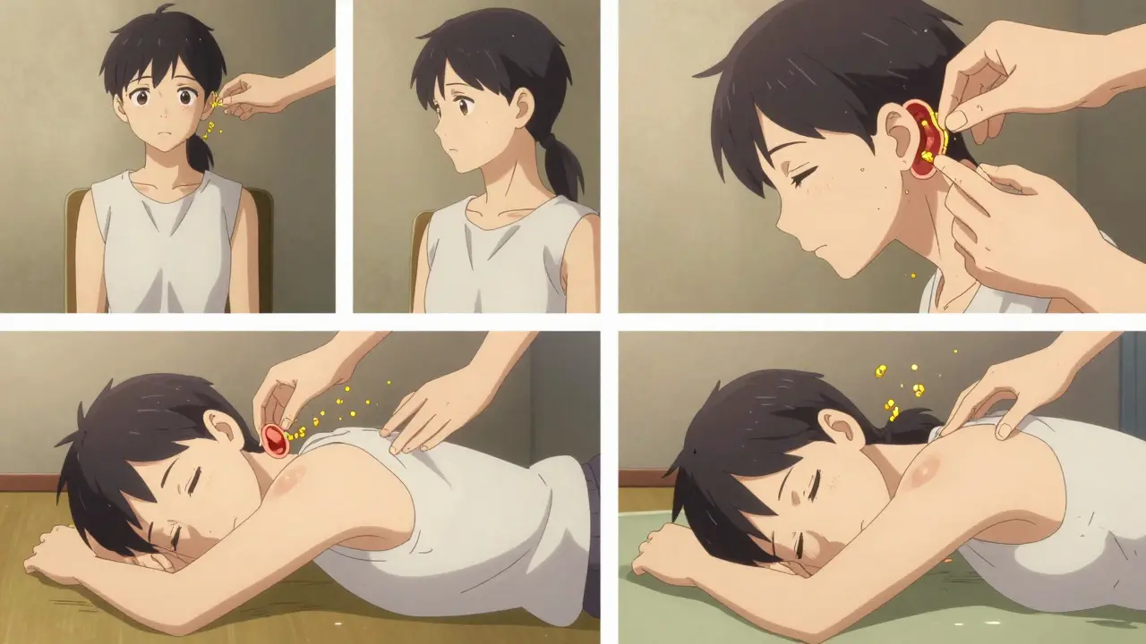 Step-by-step illustration of the Epley maneuver with glowing crystals moving through the inner ear.