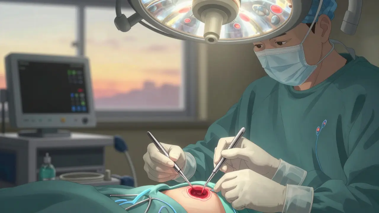 Surgeon's hands performing a thyroidectomy with glowing nerves and thyroid gland visible in detail.