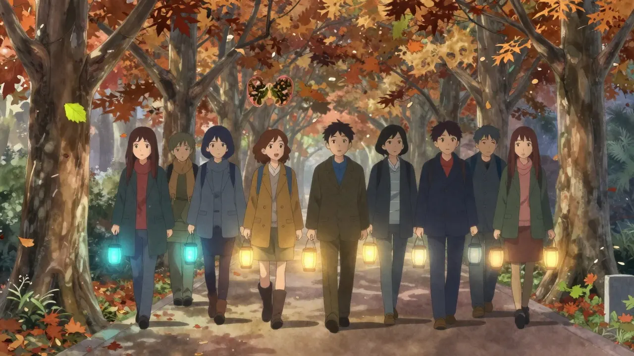 Thyroid cancer survivors walking on a path with lanterns representing their treatments, autumn leaves forming thyroid shapes.