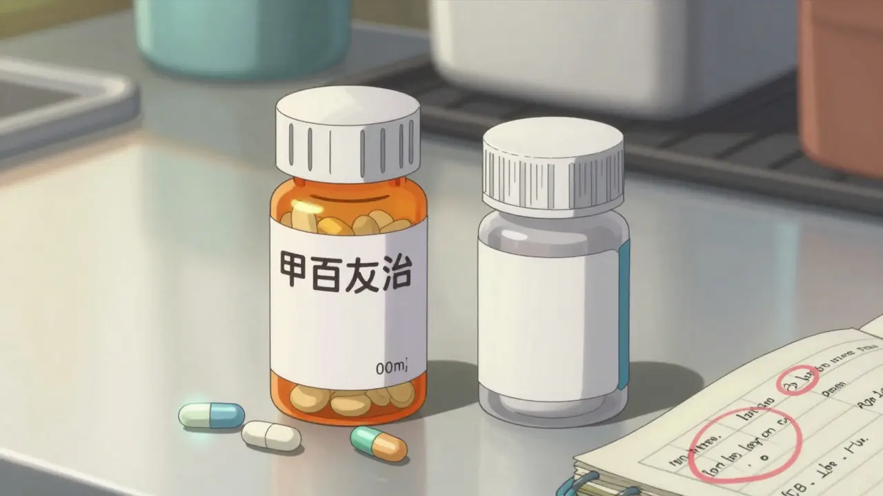 Two pill bottles side by side showing visible differences in appearance with handwritten notes and lab results nearby.