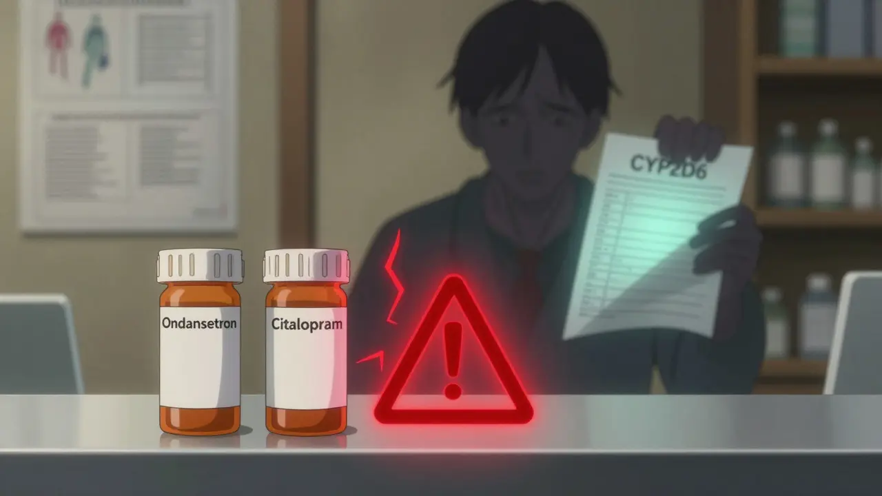 Two prescription bottles on a counter with a glowing red warning symbol between them.
