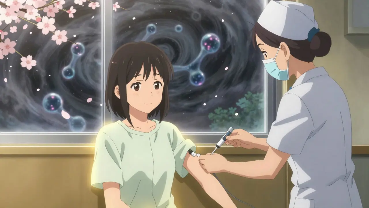 Woman receiving dexamethasone injection, golden barrier separating her from serotonin storm.