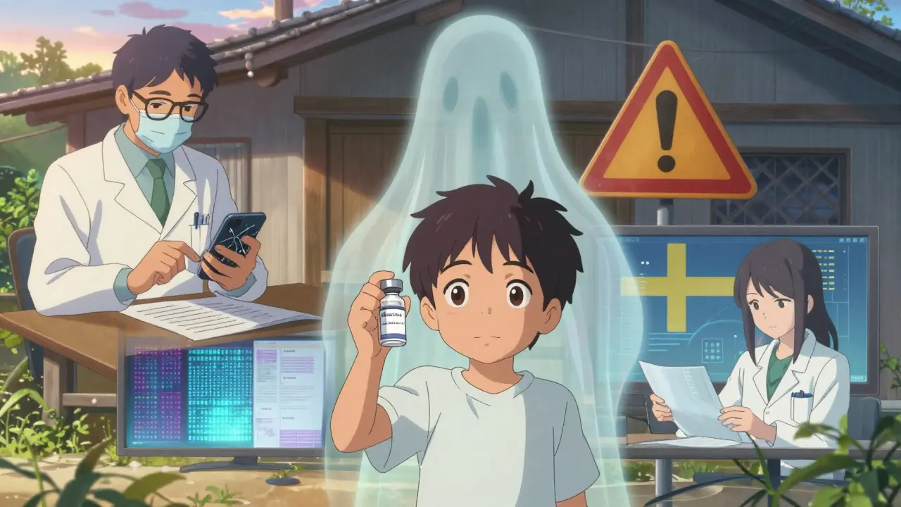 A child holds a vaccine as global reports flow from rural clinics to analysts, symbolizing worldwide drug safety efforts.