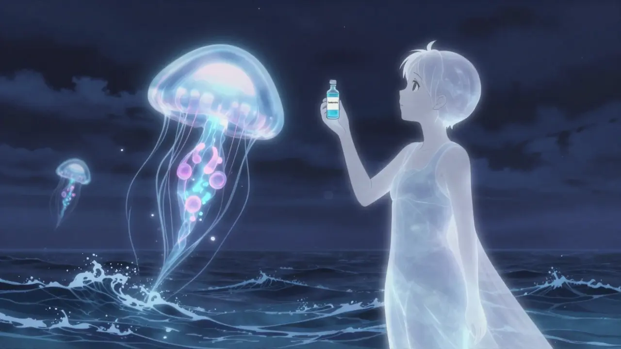 A figure holding a vial of ligelizumab as glowing mast cells rise like jellyfish from an ocean, symbolizing new treatment hope.