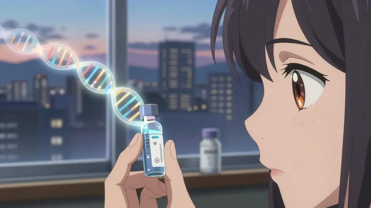 A hand holds a genetic test vial beside a warfarin pill, with glowing DNA variants floating in soft light.