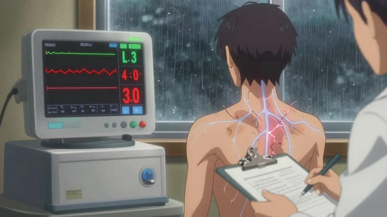 A medical monitor shows collapsing blood pressure during a stand test, translucent damaged nerves visible, hospital setting.