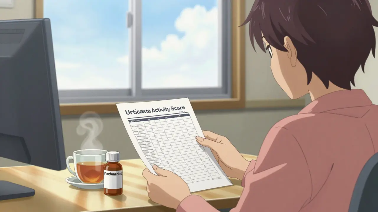 A patient reviewing a symptom chart in a sunlit doctor’s office, with a bottle of fexofenadine beside a cup of tea.