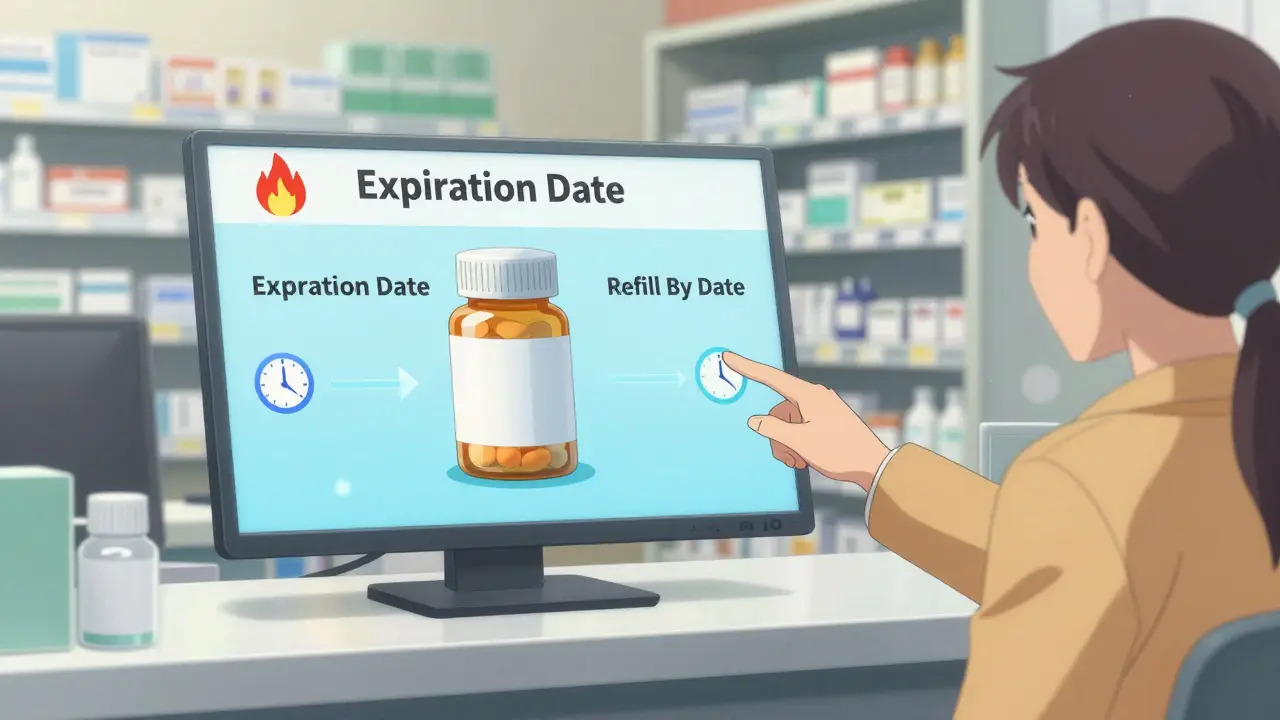 A pharmacist showing a patient an augmented reality label that clearly separates expiration and refill-by dates with icons.