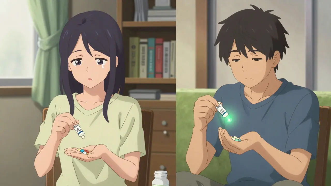 A woman discarding pills she thought were expired, while another man takes medicine past its expiration date.