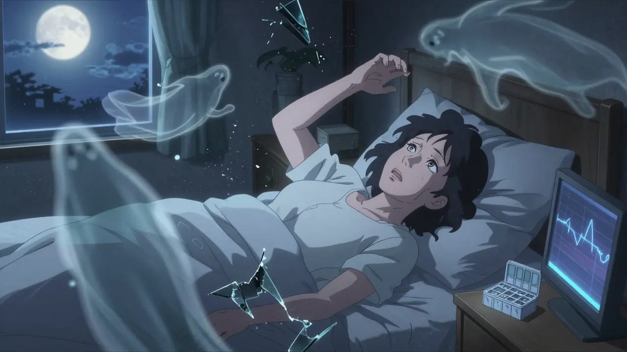 A woman lies in bed at night, thrashing in a nightmare, moonlight casting ghostly shapes around her.