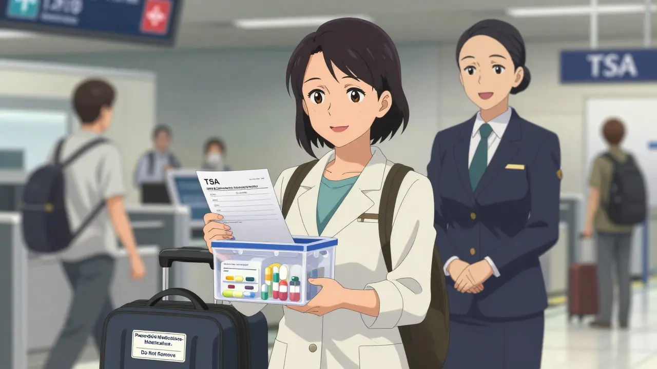 A woman showing her medications to a security agent at an airport, holding a doctor's letter.
